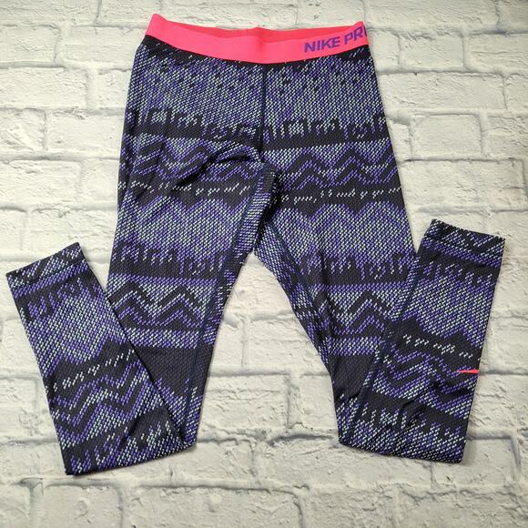 Nike Pro Dri-Fit Purple Geometric Print Pink Waistband Ankle Leggings sz Medium - Picture 4 of 10